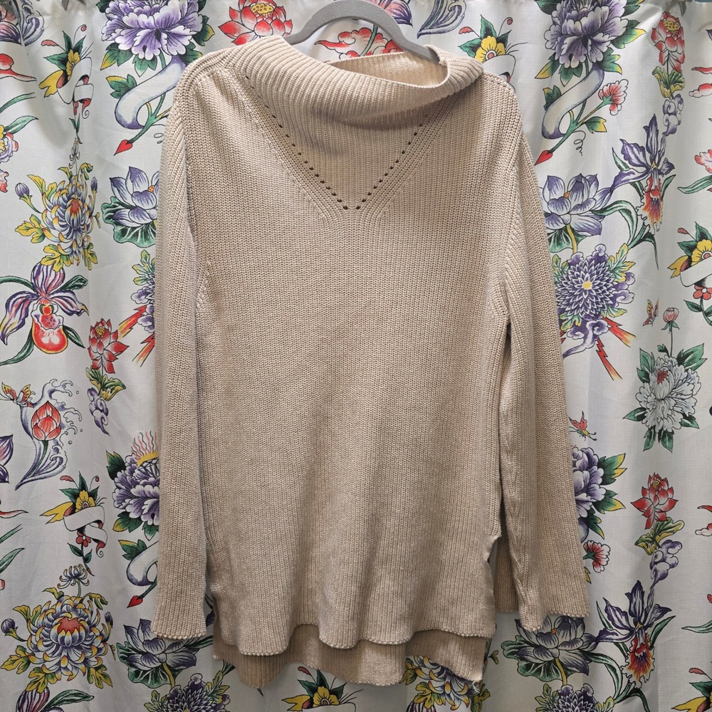 Pact Organic Cotton Fisherman Knit Mock Neck Sweater Beige Oatmeal‎ Womens Large